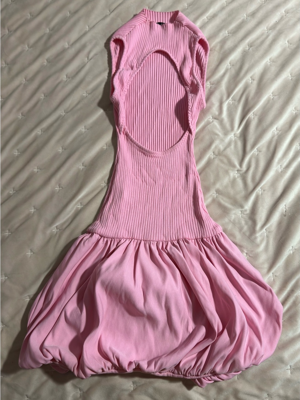 ZARA Pink Ribbed Bubble Hem Mini Dress | Open Back - Picture 8 of 9
